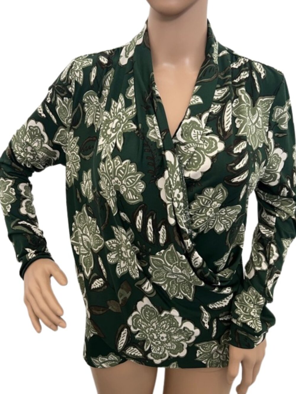 Vince Camuto Green White Long-Sleeve Floral Wrap Stretch Blouse Top - Size S